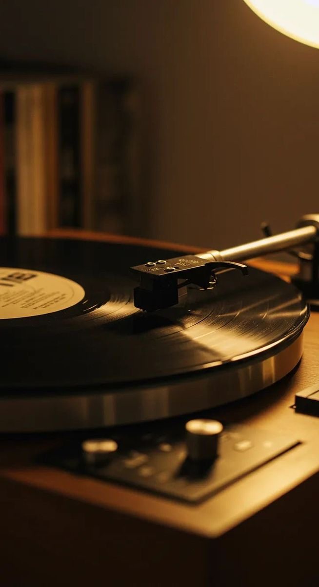 Tocadiscos con un vinilo girando bajo una luz cálida